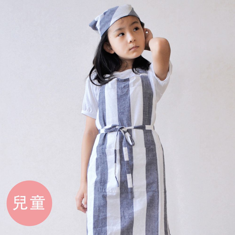 日本代購 - 印度棉兒童料理圍裙+頭巾兩件組-粗直條紋-藍白 (100cm~)