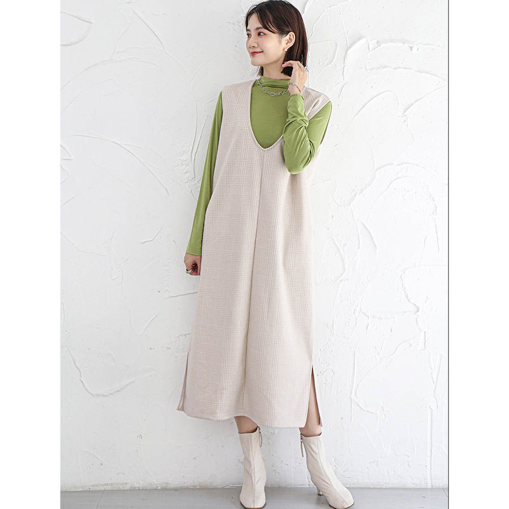 毛呢感V領背心裙-U領-淺粉格