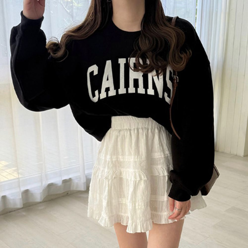 英文刺繡簡約休閒大學T-CAINS-黑 (F)