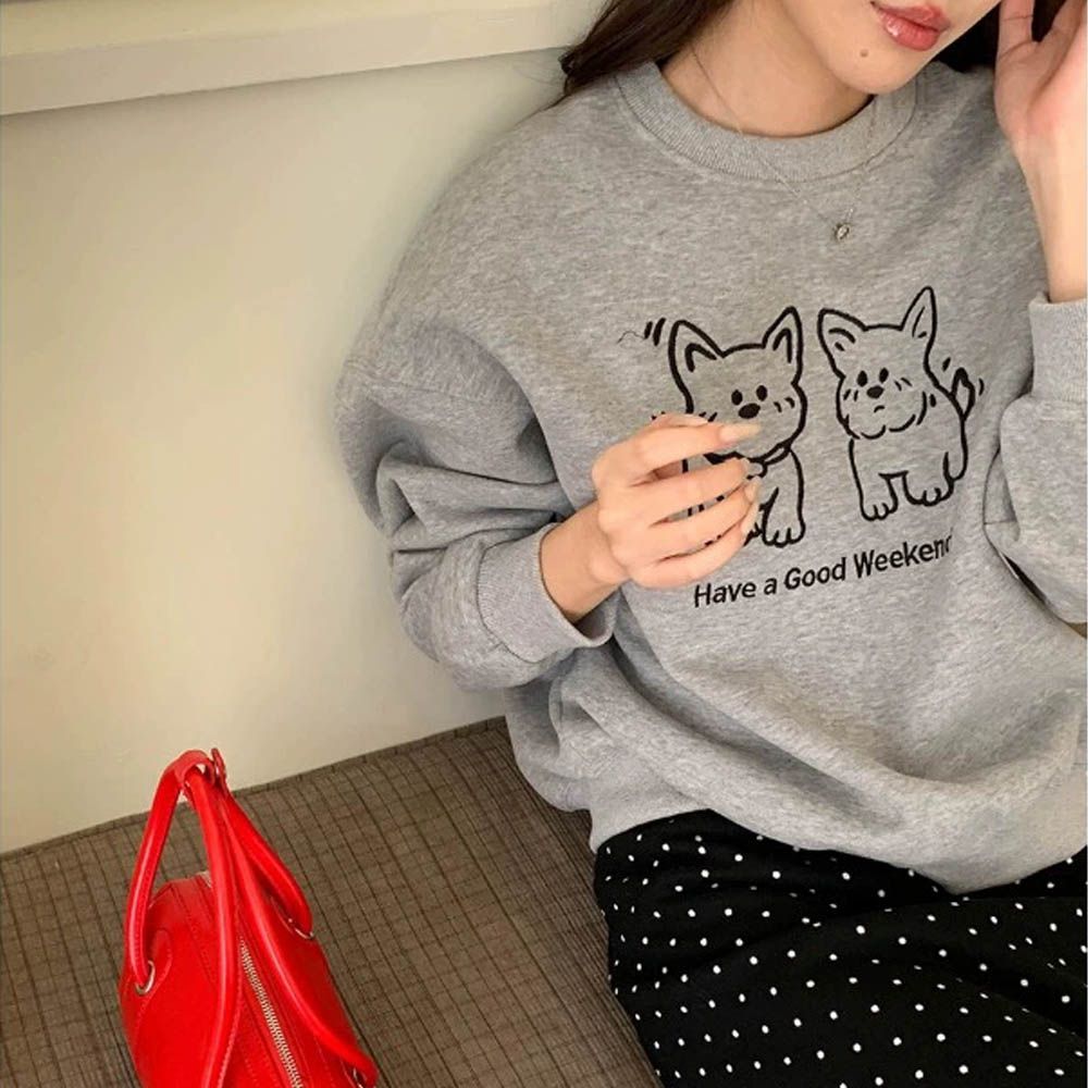 長袖大學T-俏皮小狗刺繡-灰色 (F)