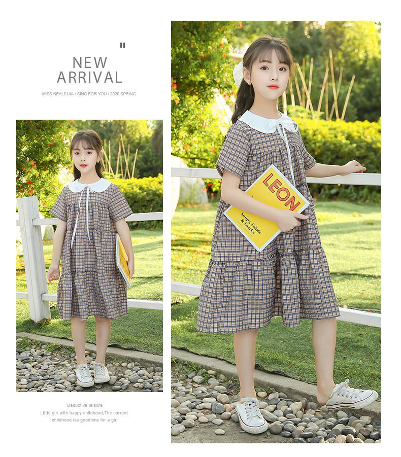 娃娃領短袖蛋糕裙洋裝-格紋-卡其+深藍