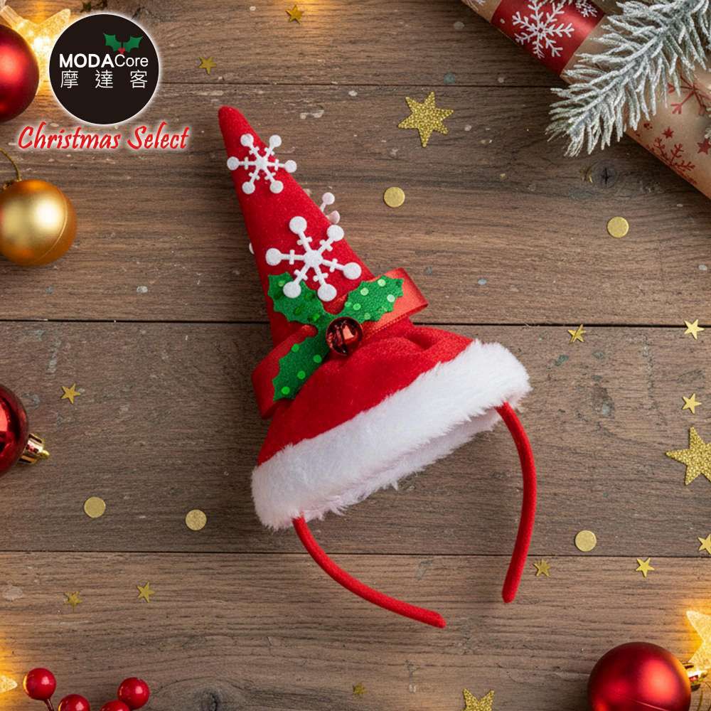 雪花綠葉紅尖帽聖誕髮箍-耶誕派對交換禮物 (紅色)