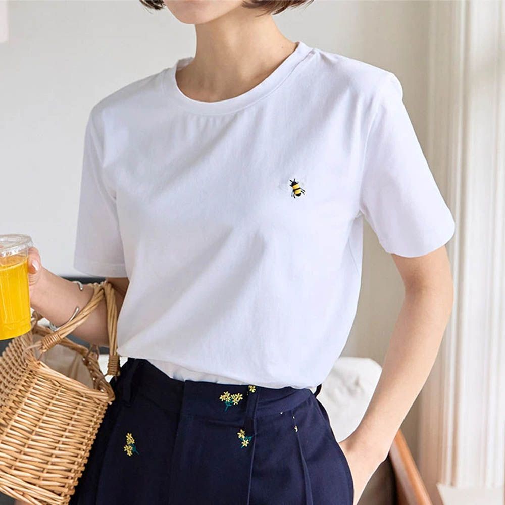 小亮點設計短袖上衣-白 (蜜蜂刺繡)