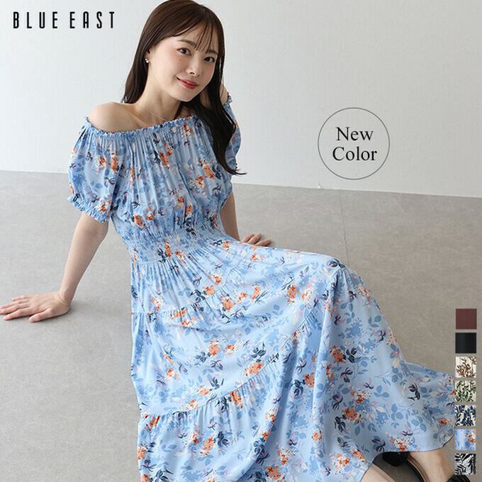 日本 BLUE EAST - 一字領2way露肩迷人短袖洋裝-典雅葉子-黑 (M)