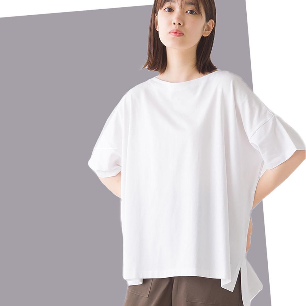 日本 OMNES - 舒適天竺棉船型領短袖上衣-白