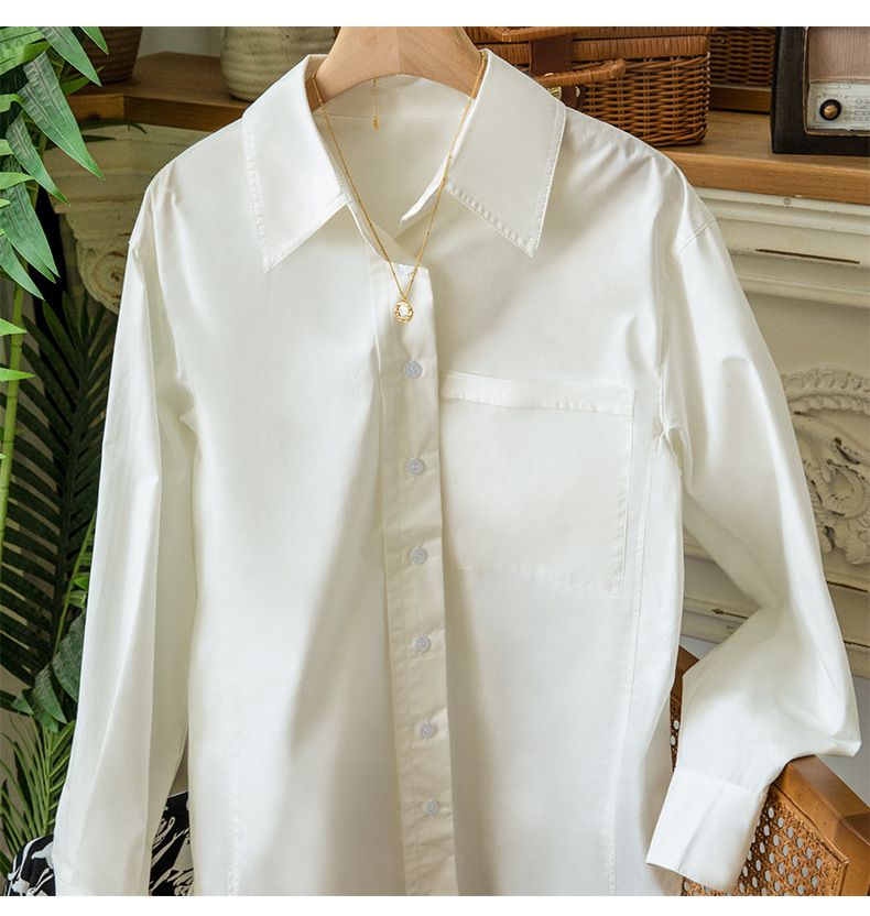 時尚寬鬆貼口袋長袖襯衫-白色