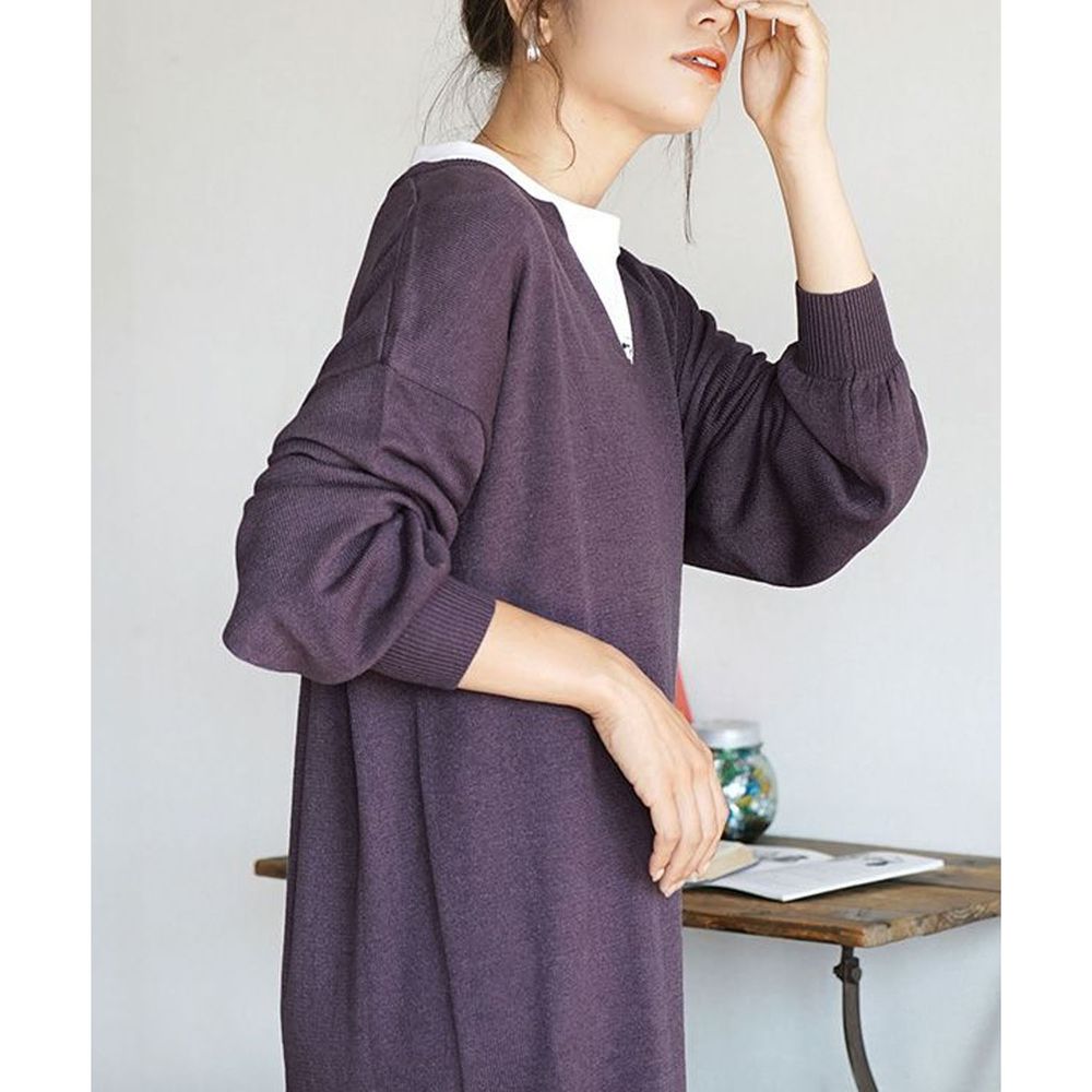 日本 zootie - Heatful發熱系 V領薄針織長袖洋裝-葡萄紫