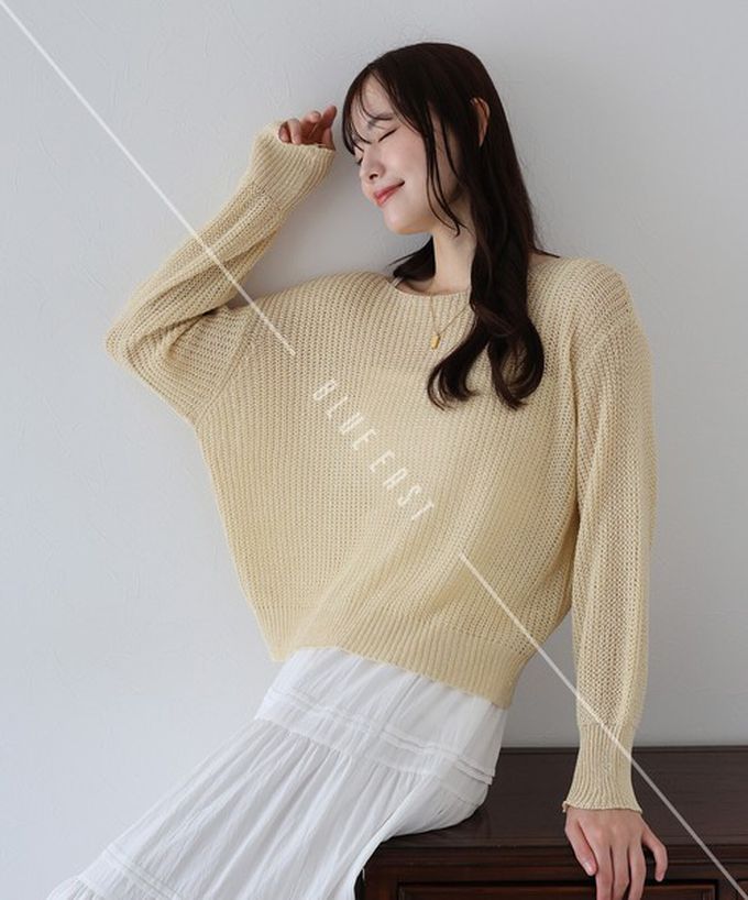 日本 BLUE EAST - 典雅船領閃爍亮片網眼針織上衣-藍