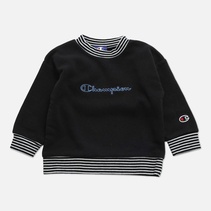 日本 Chil2 - Champion聯名 裏起毛條紋領長袖上衣-黑