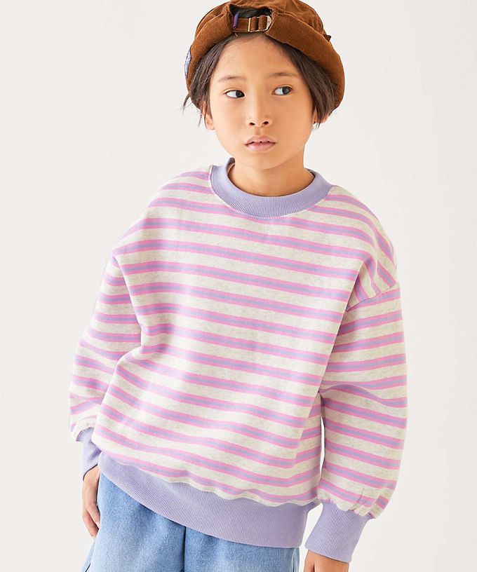 日本 devirock - 裏起毛 百搭條紋大學長袖上衣-紫