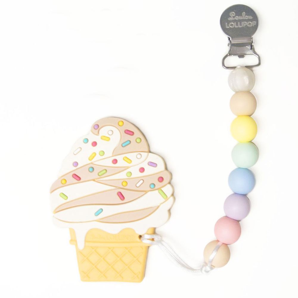 Loulou Lollipop - 加拿大 造型固齒器/奶嘴鍊組 - 霜淇淋系列-可可霜淇淋-棉花糖