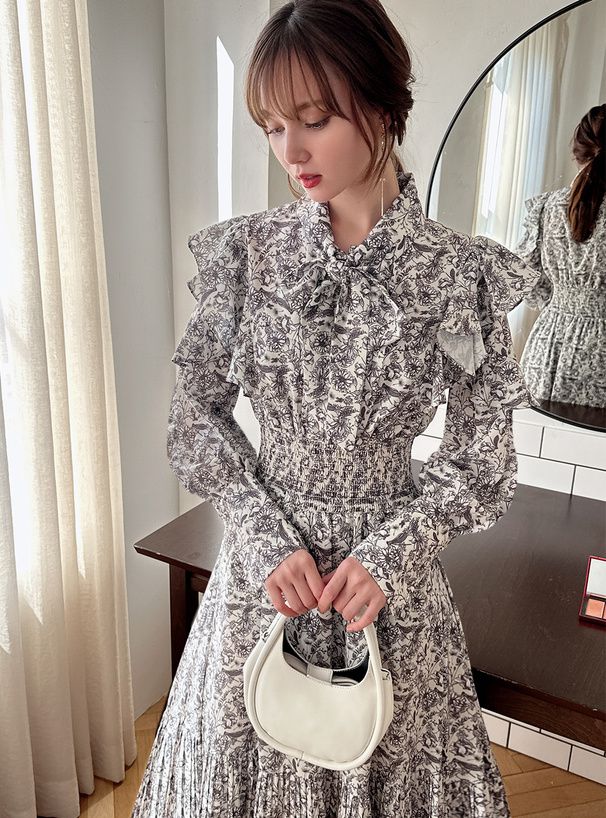 日本 GRL - 碎花荷葉邊收腰雪紡洋裝-米杏