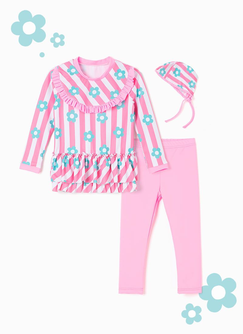 韓國 OZKIZ - 抗UV防曬兒童泳裝-三件組-條紋花