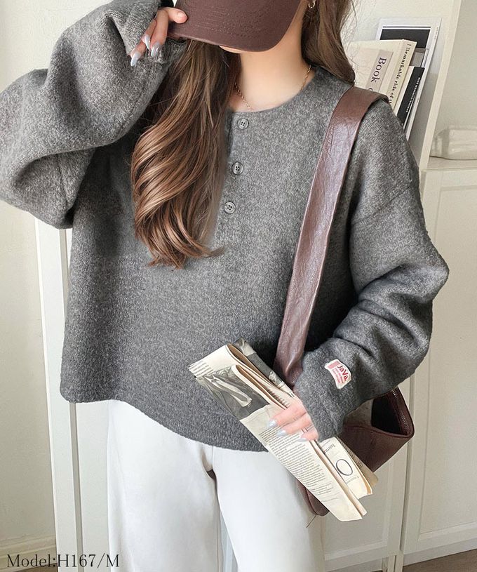 日本 Classical Elf - Java 率性亨利領寬鬆厚針織上衣-墨綠x海軍藍