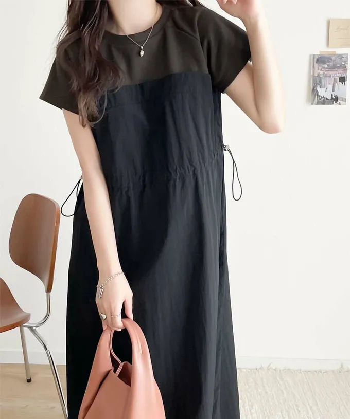 日本 Classical Elf - 法式袖拼接縮腰抽繩洋裝-卡其x淺灰