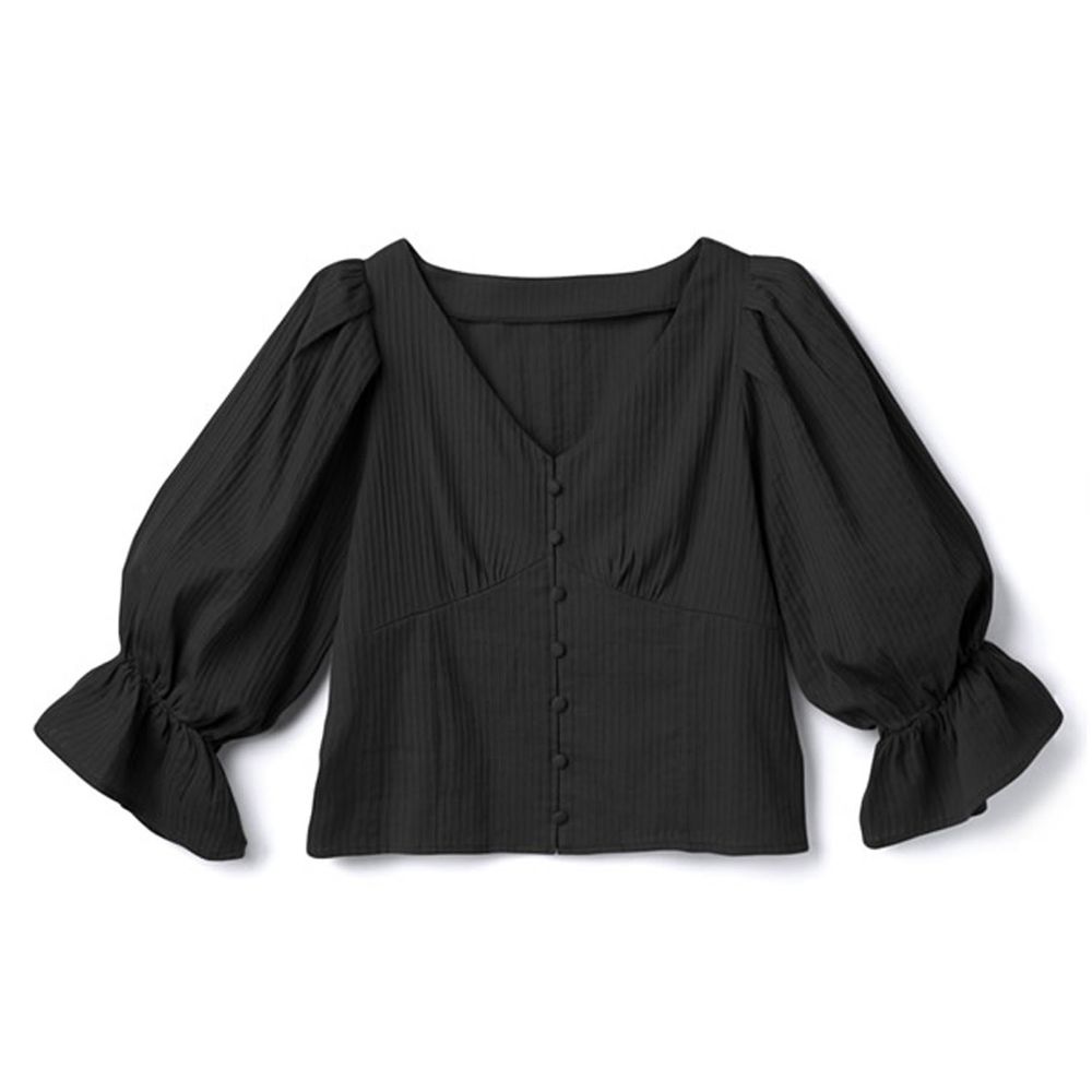 日本 GRL - V領排釦立體羅紋糖果五分袖上衣-時尚黑