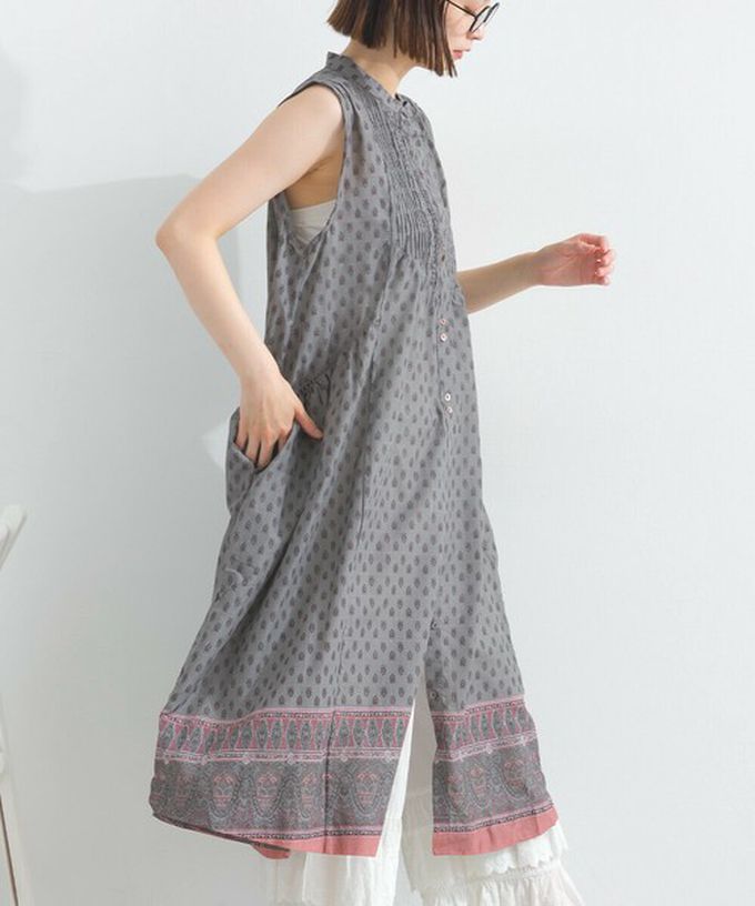 日本 Lupilien - 100%印度棉 清新印花柔軟洋裝-圖騰-炭灰