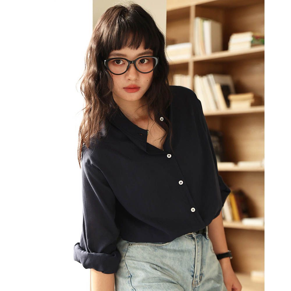 天絲亞麻立領下擺抽繩襯衫-冷杉藍