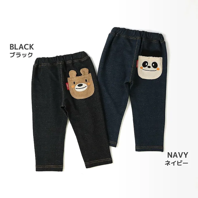 日本 ZOOLAND - 熊熊救援隊 警車標籤舒適牛仔長褲-熊熊口袋-黑