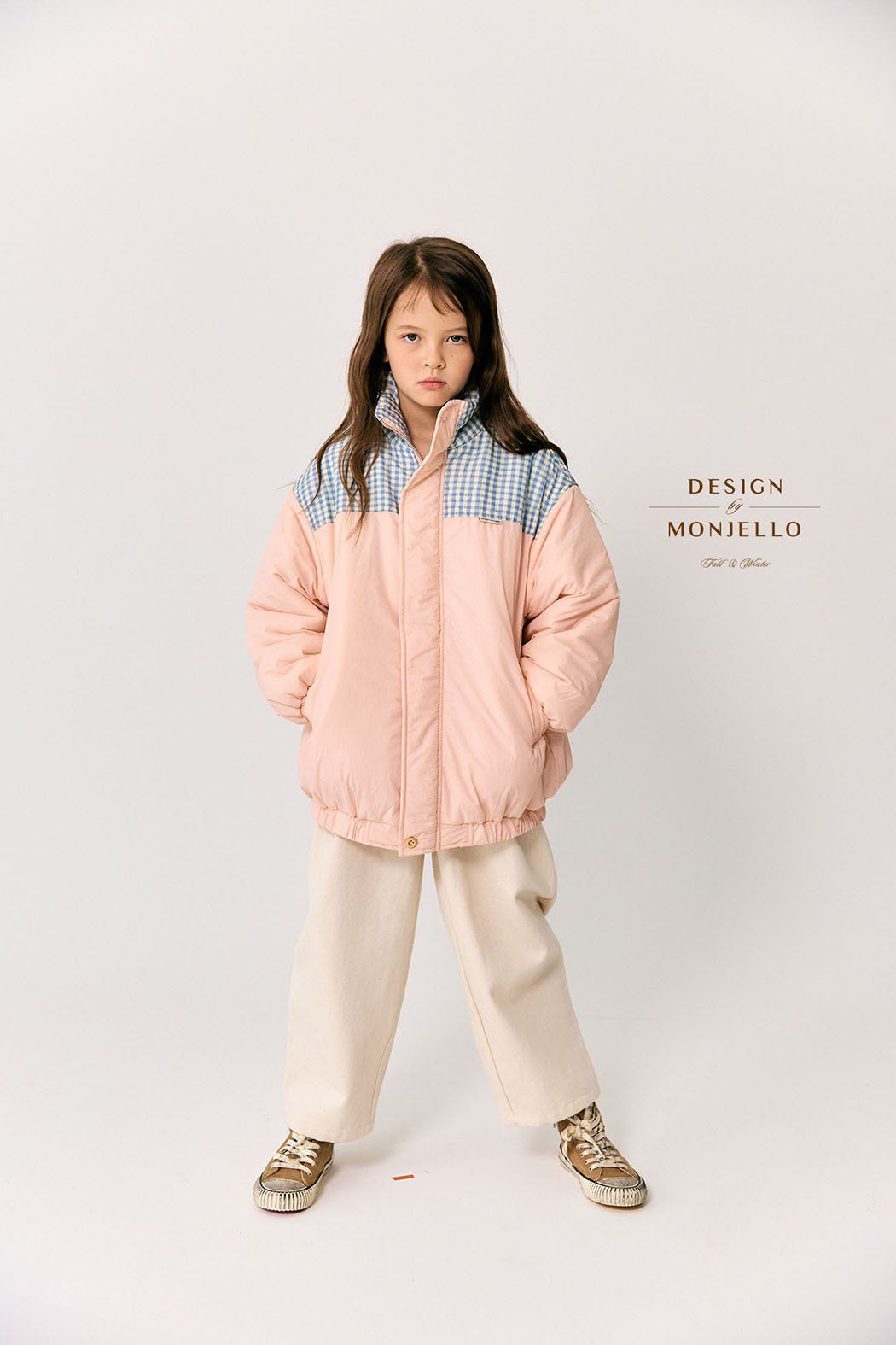 韓國 MONJELLO - 格子點綴拉鍊立領鋪棉外套-粉