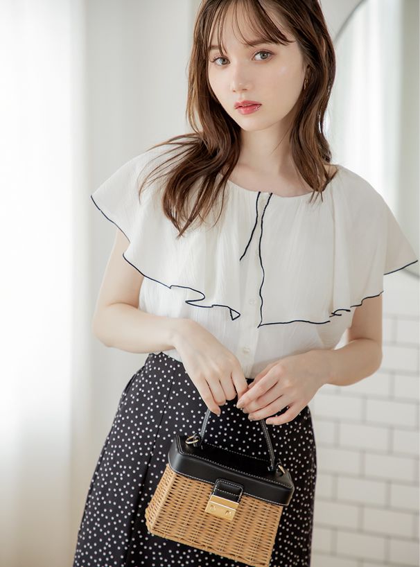 日本 GRL - 大片復古領片微皺無袖襯衫-白