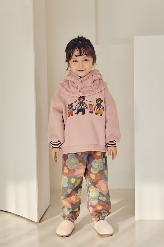 韓國 Mimico - 棕熊家族內刷毛長袖上衣-粉