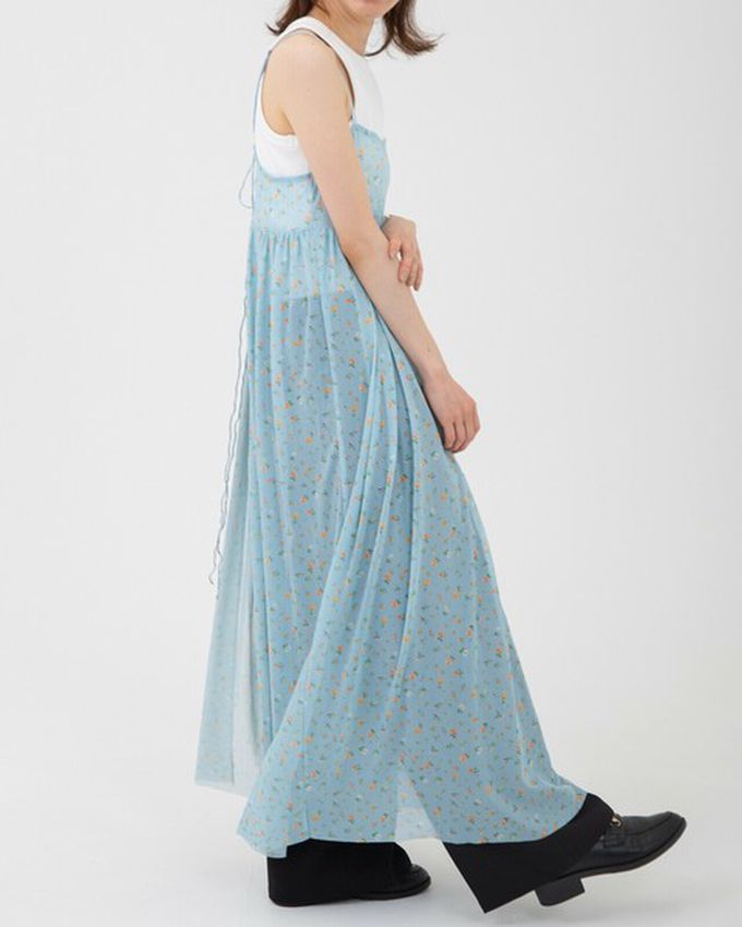 日本 gleam - 前後2way浪漫小花細肩帶薄紗洋裝-黑