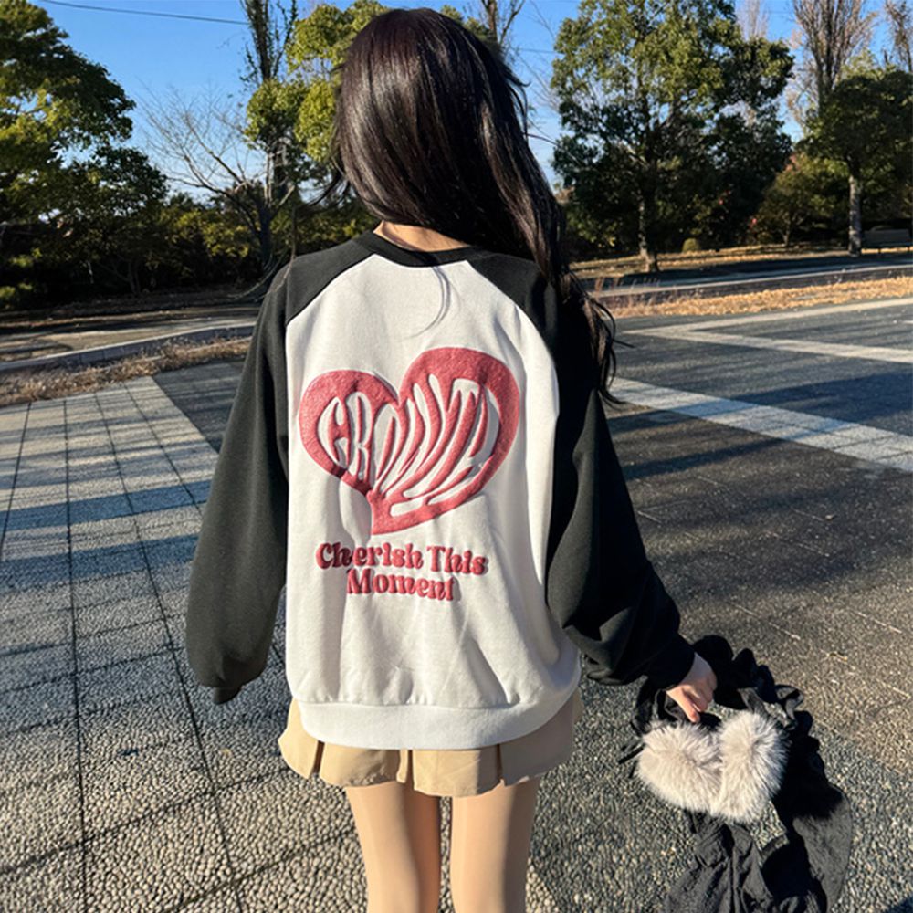 閃亮藝術愛心印花裏毛大學T-黑 (F)