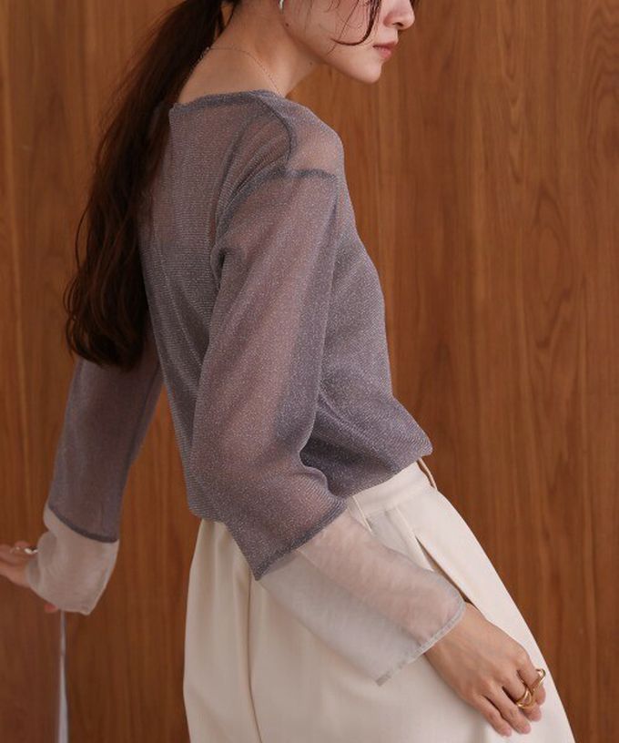 日本 Bab - 亮麗光澤歐根紗拼接透膚薄長袖上衣-黑