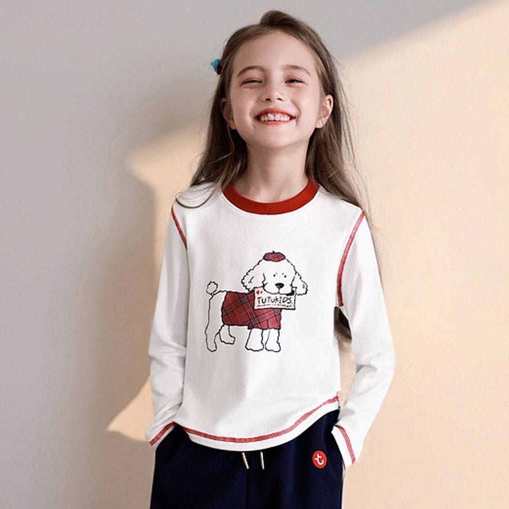 撞色車線圓領長袖上衣-萌趣卡通-白色