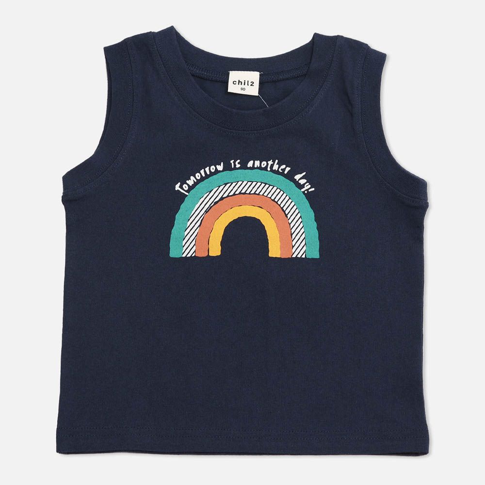 [超低價] 100%棉 童趣印花背心上衣-彩虹-海軍藍