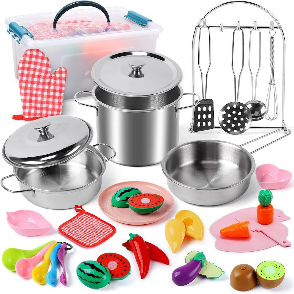 CuteStone - 兒童廚房玩具不鏽鋼遊戲鍋與廚房用具27件組合