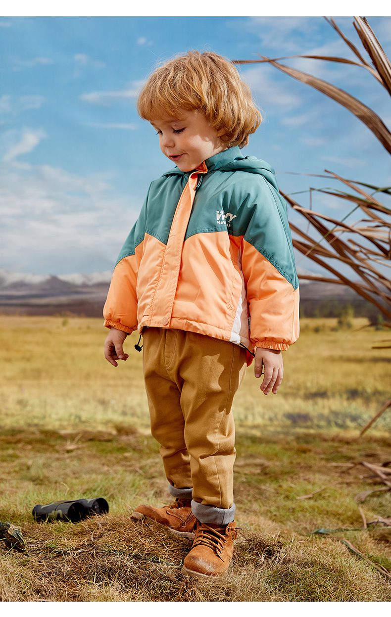 加厚連帽拼色羽絨外套-橘+綠