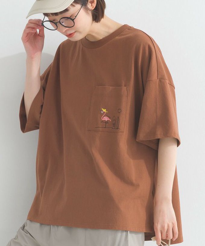 日本 Lupilien - 16支天竺棉俏皮動物刺繡寬大口袋T恤-海軍藍