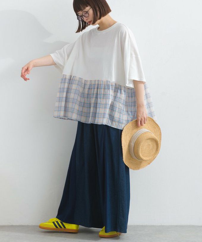 日本 Lupilien - 接觸涼感 可愛格紋休閒五分袖上衣-灰棕