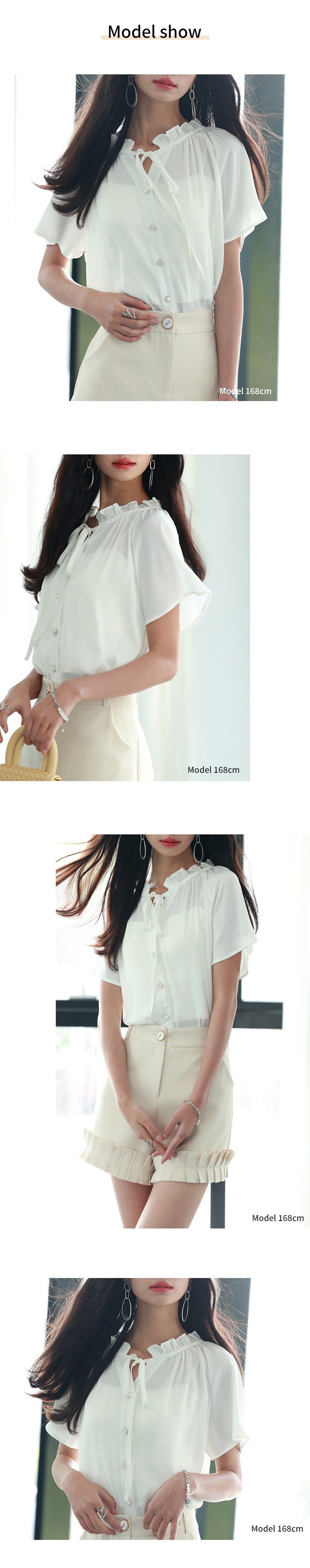 日本女裝代購 - 甜美綁帶木耳領短袖襯衫-白
