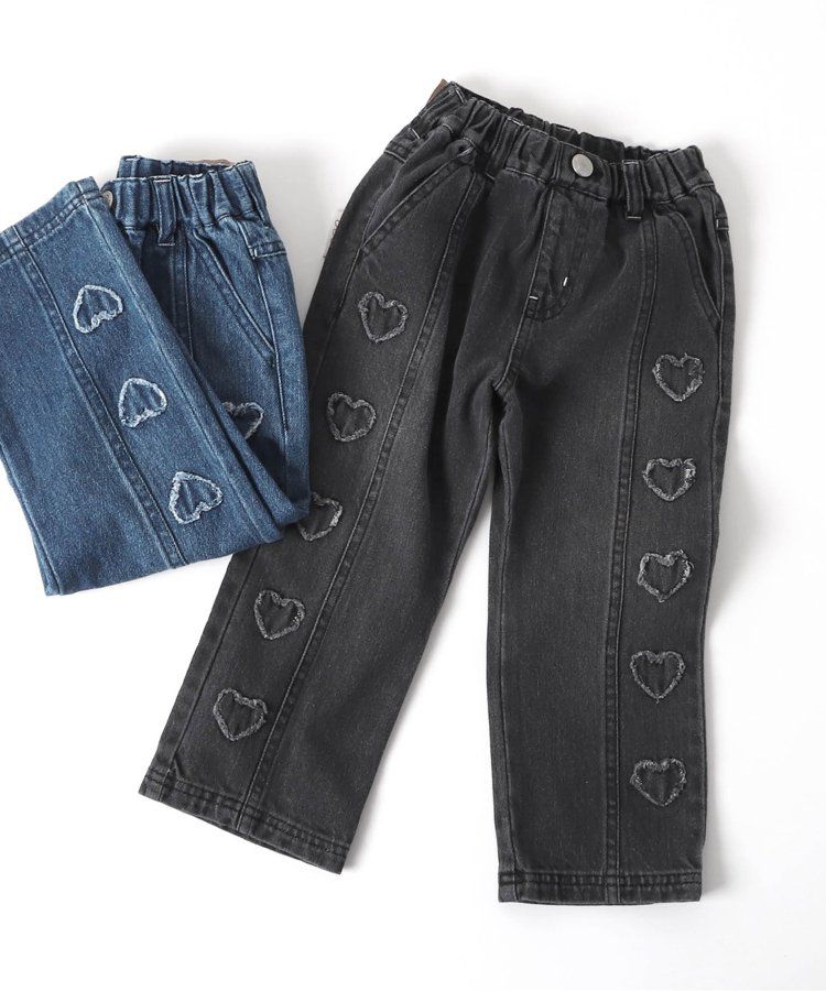 日本 BREEZE - 心形刺繡牛仔廓形長褲-海軍藍