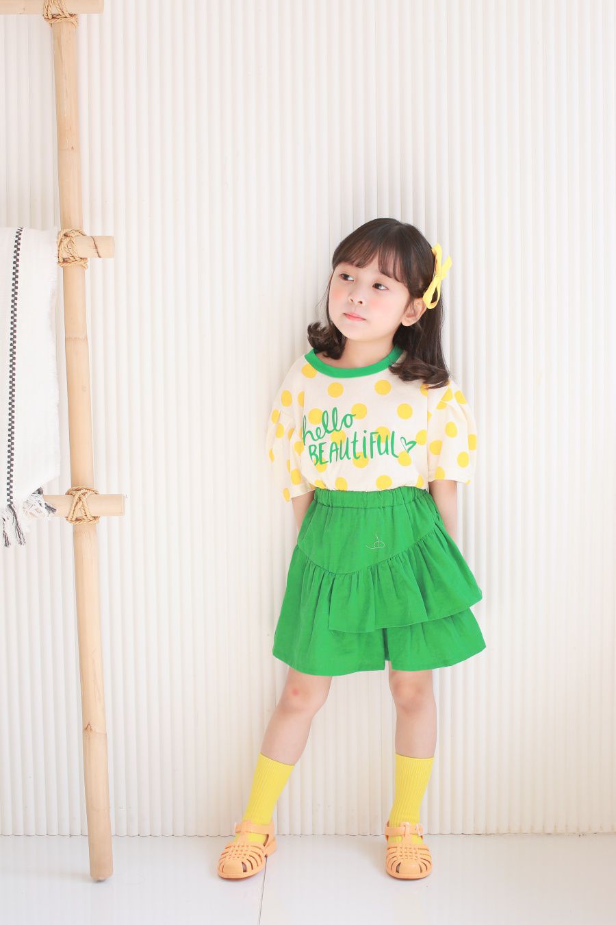 韓國 Dalla - 波點泡泡袖純棉T-黃波點