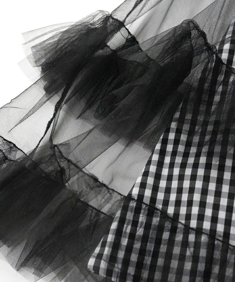 日本 zootie - 薄紗拼接格紋修身長裙-黑