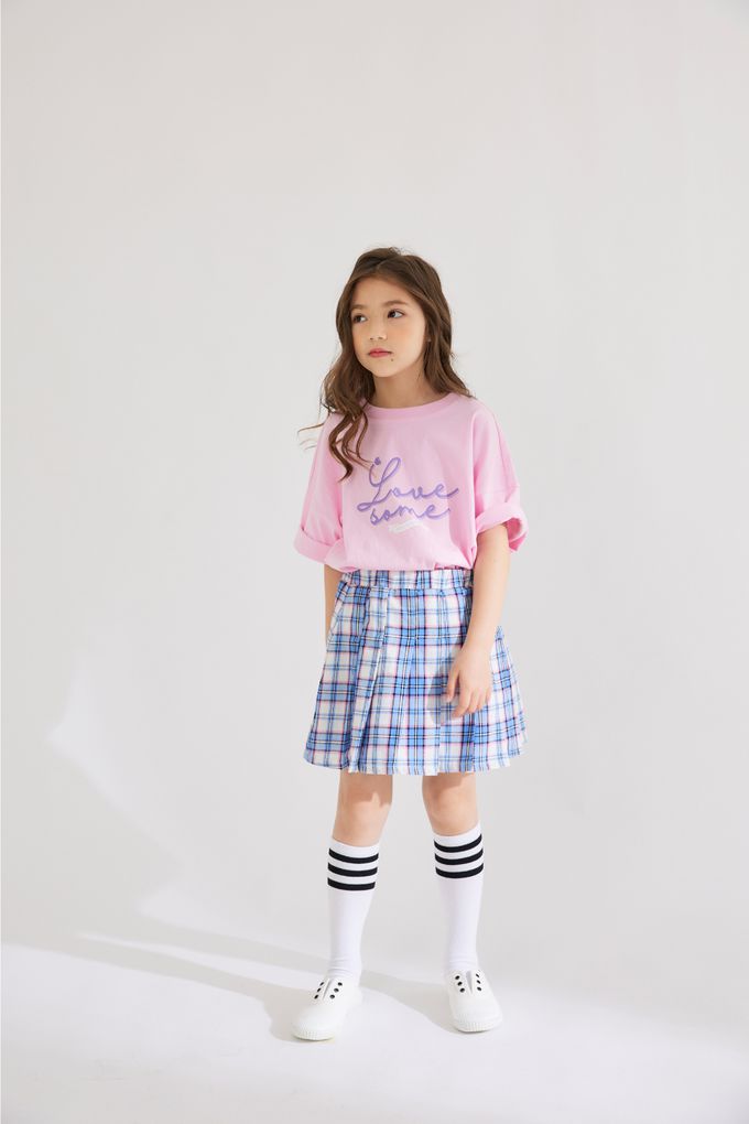 韓國 INDIVIDUEL - 鬆緊腰格子百摺短裙-藍X白