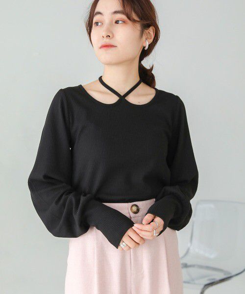 日本 Bab - 2WAY氣質綁帶羅紋泡泡袖上衣-米杏