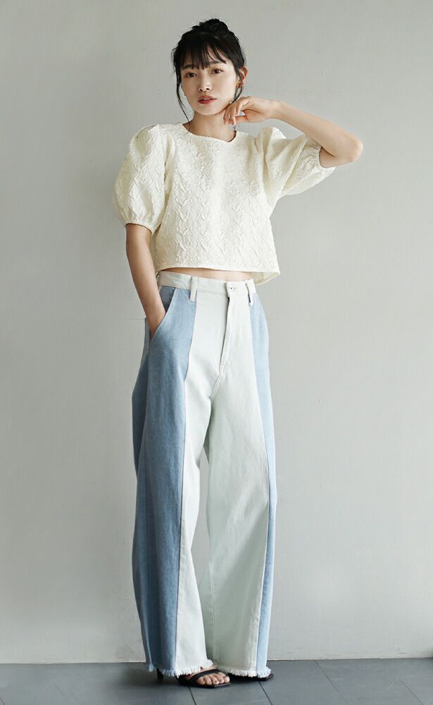 日本 zootie - 優雅歐風壓紋泡泡短袖上衣-象牙杏