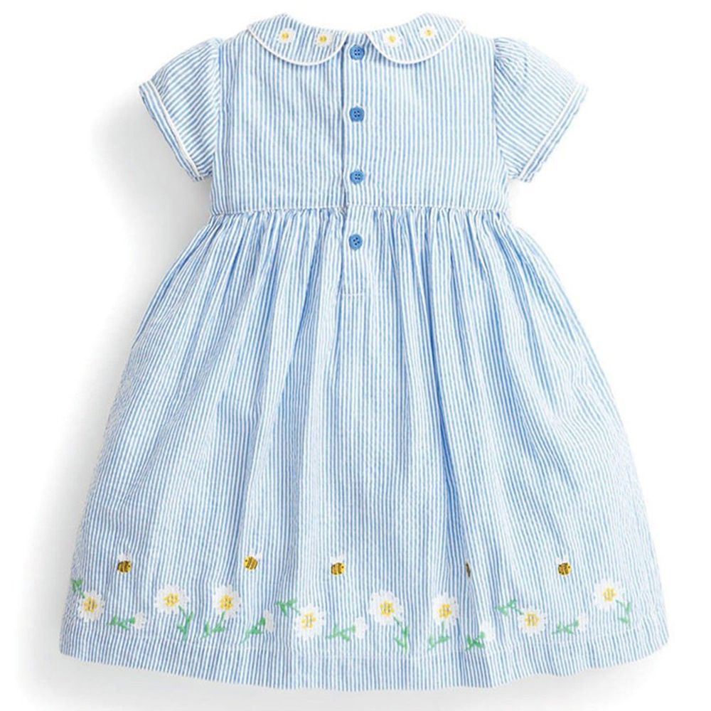 英國 JoJo Maman BeBe - 嬰幼兒/兒童100% 純棉短袖洋裝-藍色條紋雛菊