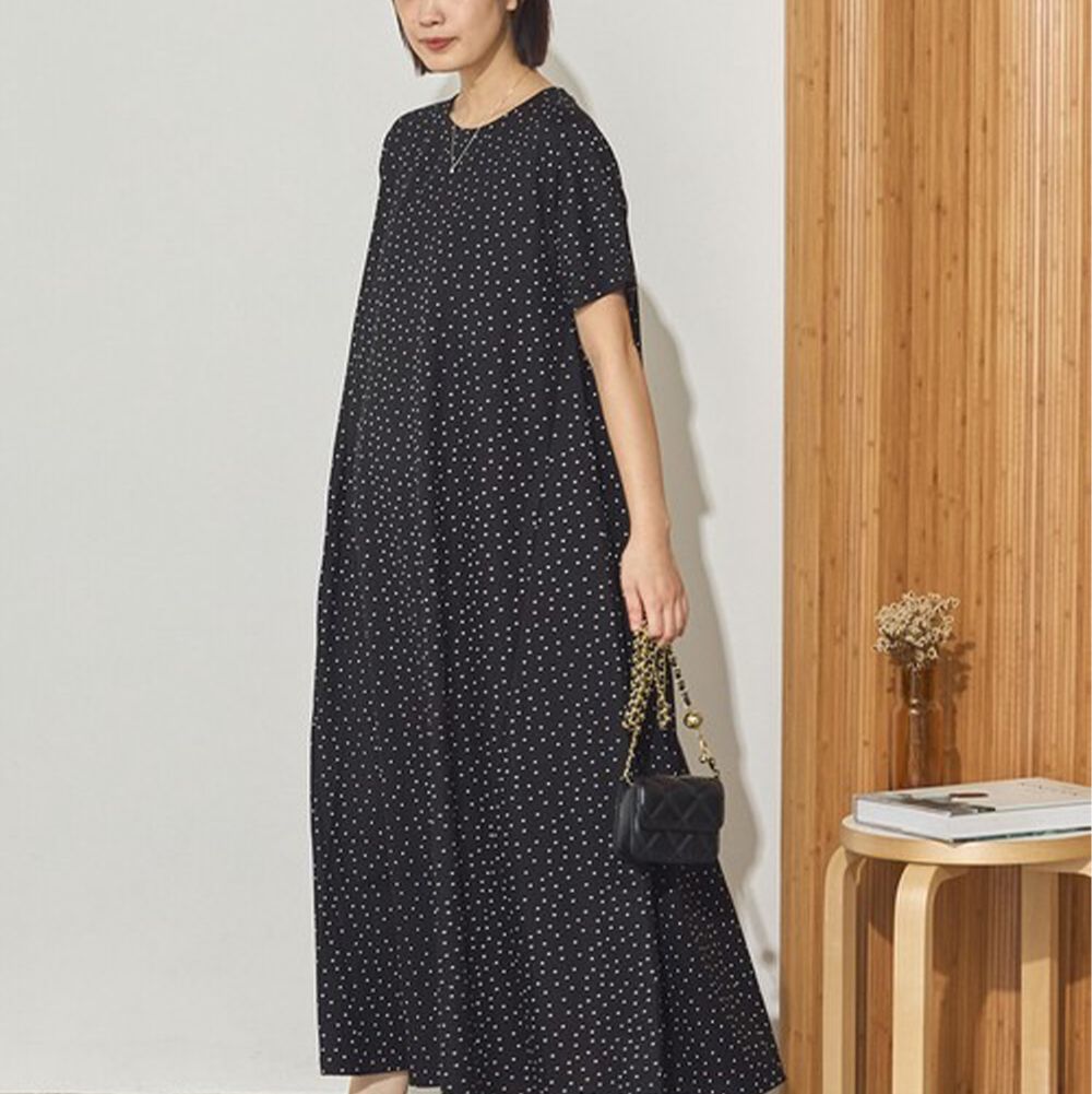 接觸涼感 嫘縈傘擺素色短袖洋裝-水玉x黑