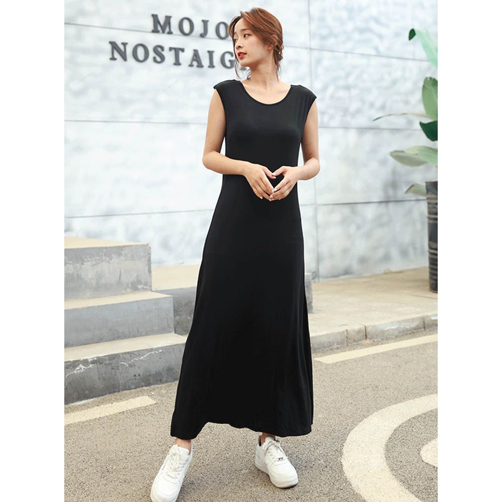 涼感莫代爾無袖Bra長洋裝-黑色