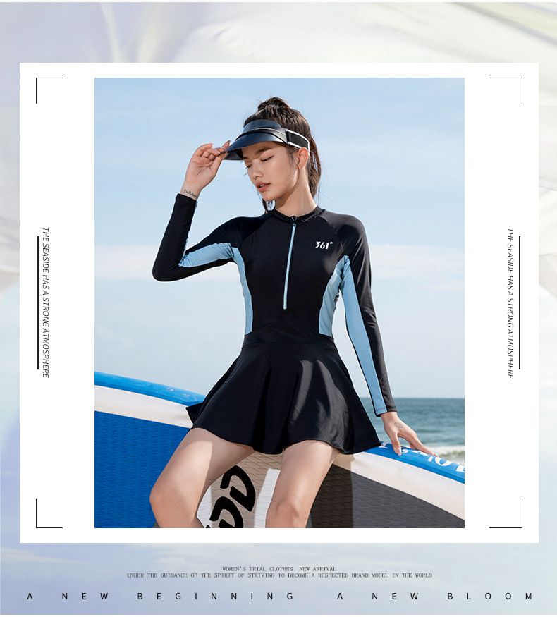 361° - 運動風拼色短袖連身裙泳衣-淺藍+黑