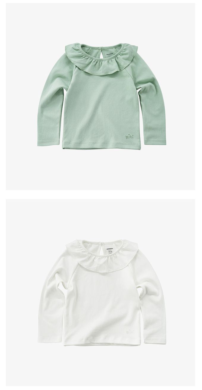 Minizone - 甜美荷葉領素色長袖T恤-藍色