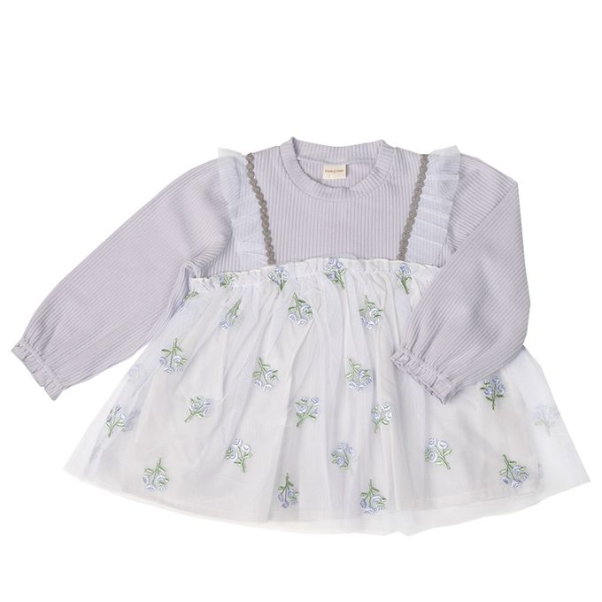 akachan honpo - 長袖假兩件休閒上衣-刺繍-紫色