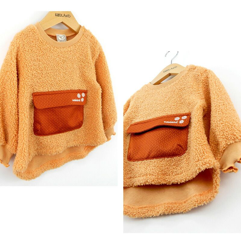 日本 ZOOLAND - 圓領泰迪熊刷毛長袖上衣-百寶袋-淺灰杏