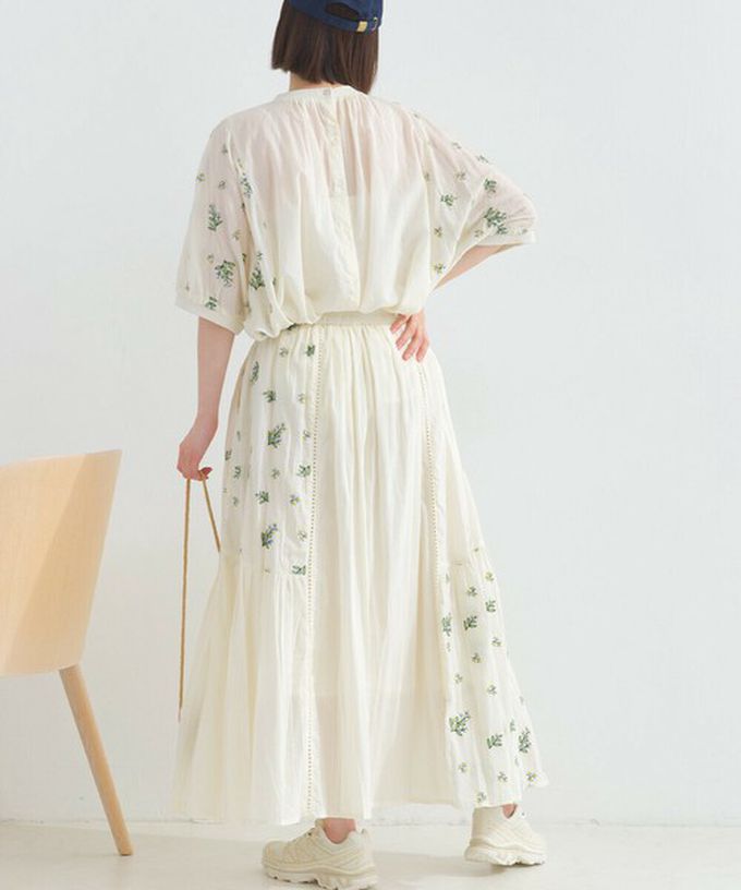 日本 Lupilien - 100%印度棉 優美植物刺繡長裙-海軍藍